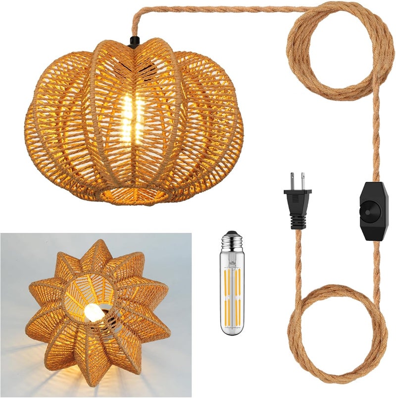 tebio Plug in Pendant Light Rattan Hanging Lights with Plug in Cord 15FT Hemp Rope Cord, Dimmable Switch – Indoor Hanging Lamps for Boho Living Room Bedroom（Bulb Included） 11 x 7 inch - Image 1